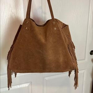BROWN SUEDE SLOUCHY FRINGE TOTE BAG SHOULDER BOHO